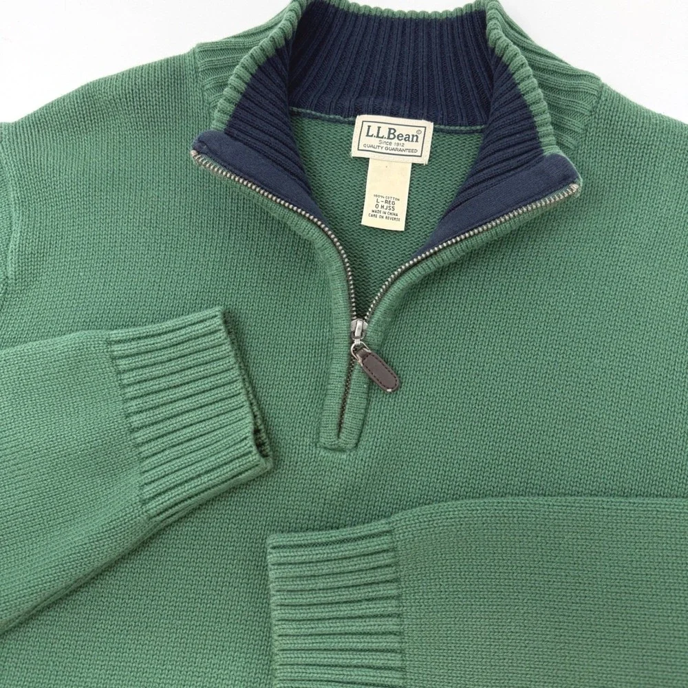 LL Bean Mens Large Green 100% Cotton Quarter Zip Pullover Sweater Regular